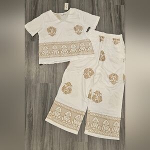 AZ Bohemian Gold Embroidery White Indian 1 Set Top Pant L/XL